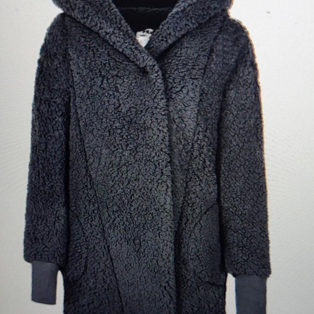 "JILL MARTIN" HOODED SHERPA BUTTON-FRONT LOUNGER BLACK JACKET - SIZE L - NWT